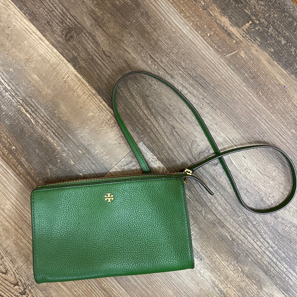 Tory Burch Kelly Green Pebbled Leather Crossbody Bag Purse